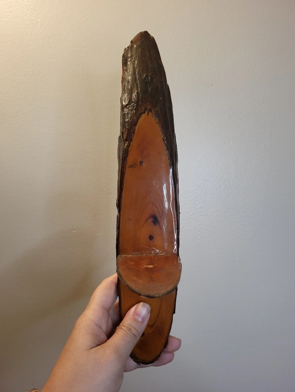 Pair Vintage Handcrafted Live Edge Wood Wall Sconces Lacquer Finish
